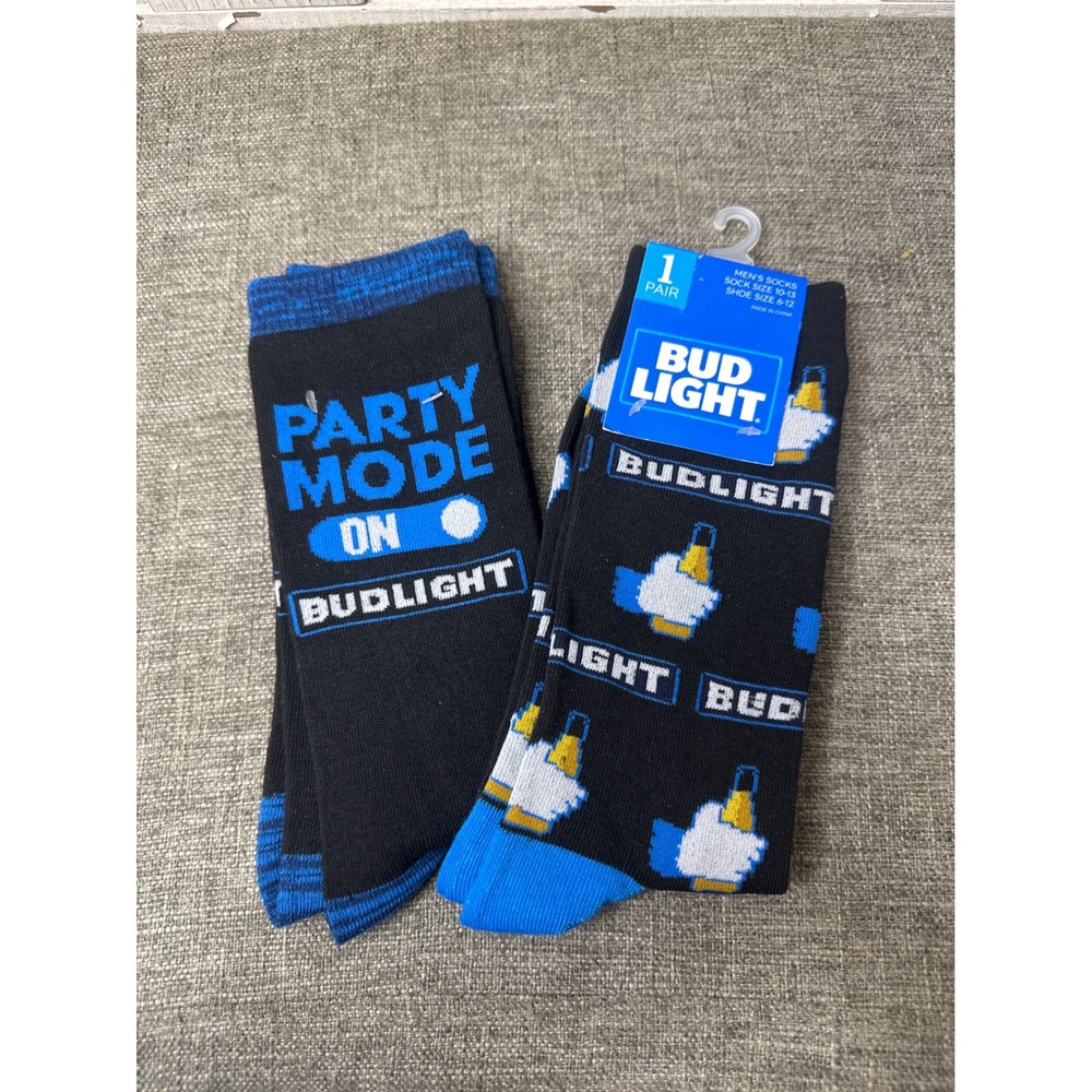 Bud Light Mens Party Mode On Beer Bottles Crew Socks Black Blue Novelty Pk of 2